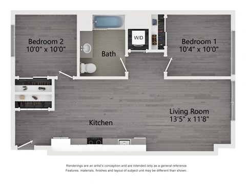 Floor plan for 2 beds, 1 bath, 721 sqft